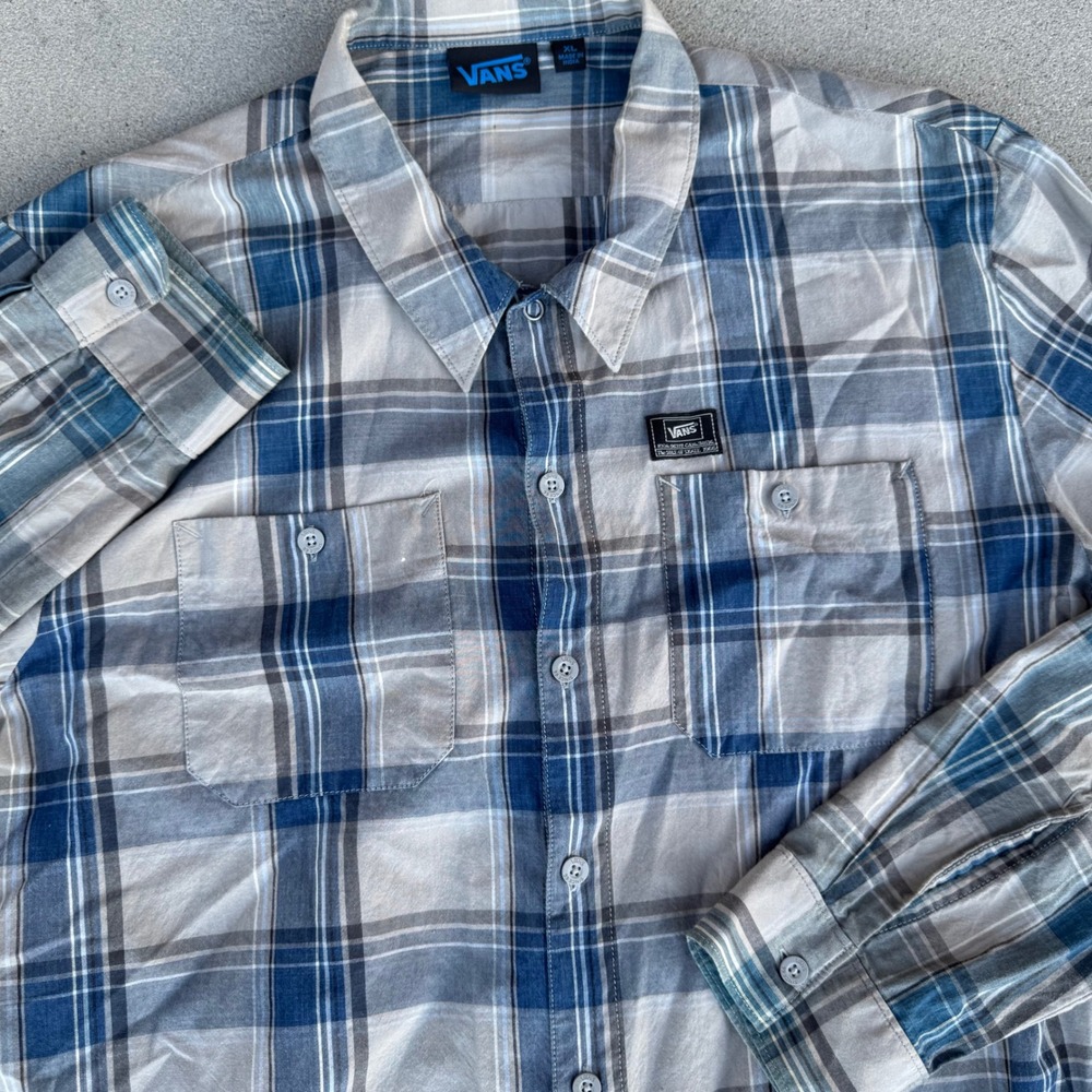Vans Mens XL Blue Grey Plaid Long Sleeve Button Down Cotton‎ Shirt RN96277